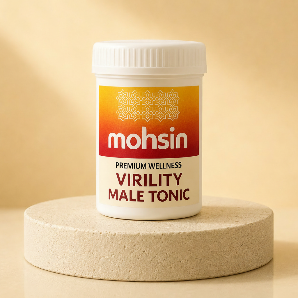 Jar of 'mohsin Virility Male Tonic' on a beige platform with a beige background