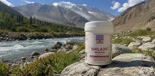 Mohsin Shilajit Mineral Tablets displayed in the Himalayan mountains, highlighting the natural origins, mineral-rich composition and traditional health benefits of authentic Shilajit.
