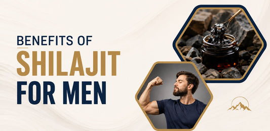 Benefits of Shilajit for men infographic showing natural shilajit resin and a healthy active man, highlighting male vitality, energy, stamina, strength, and overall wellbeing.