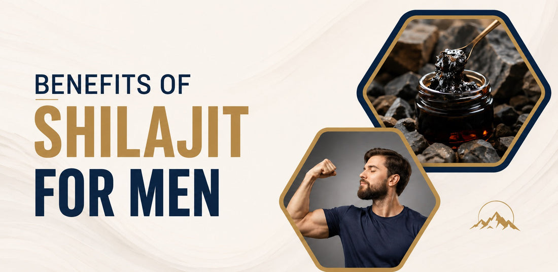 Benefits of Shilajit for men infographic showing natural shilajit resin and a healthy active man, highlighting male vitality, energy, stamina, strength, and overall wellbeing.