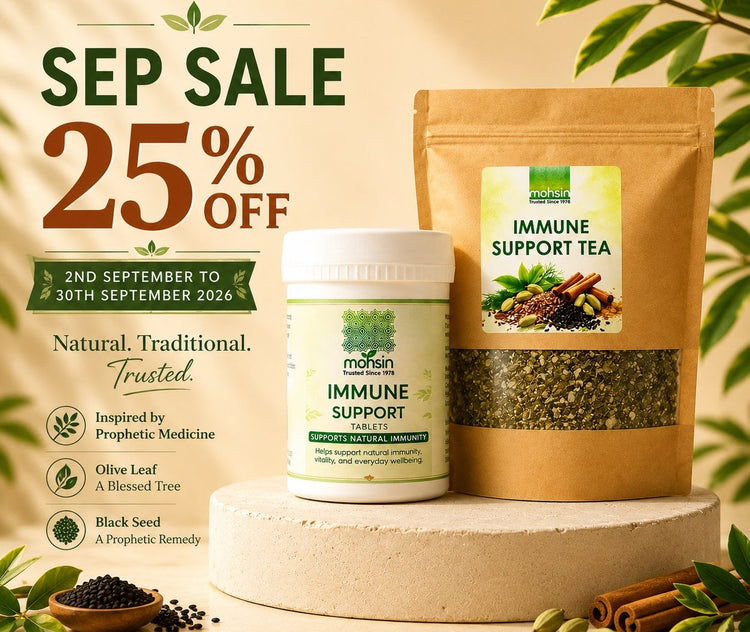 Mohsin Health September Sale banner featuring Immune Support Tea and Immune Support Tablets with 25% off from 2–30 September 2026, surrounded by autumn leaves, herbal ingredients and a warm cup of tea.