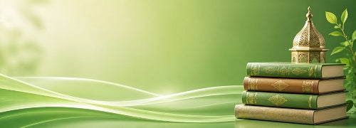 Islamic medicine books banner featuring elegant traditional books, soft green wellness background, flowing abstract waves, botanical elements and peaceful natural tones inspired by holistic healing and herbal knowledge.