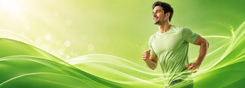 Energy and vitality wellness banner featuring a healthy active man running with fresh green tones, flowing abstract waves and a clean natural background symbolising stamina, fitness, wellness and daily energy.