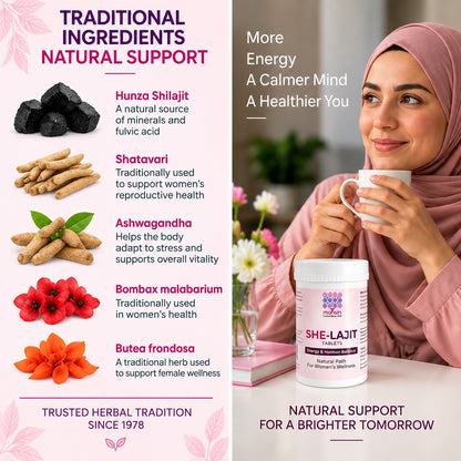 SHE-lajit key ingredients: Hunza Shilajit, Shatavari, Ashwagandha, Bombax malabarium and Butea frondosa