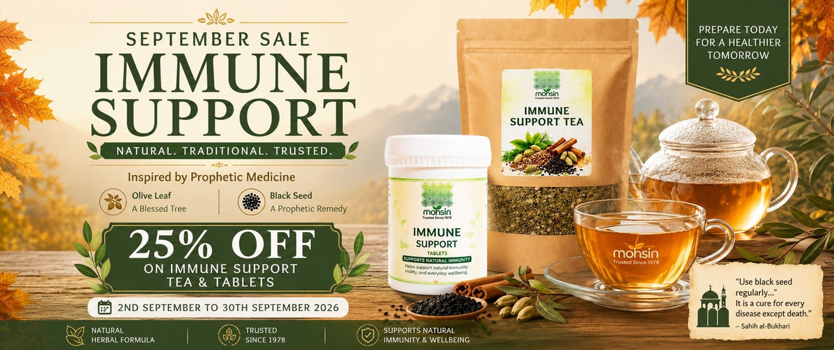 Mohsin Health September Sale banner featuring Immune Support Tea and Immune Support Tablets with 25% off from 2–30 September 2026, surrounded by autumn leaves, herbal ingredients and a warm cup of tea.