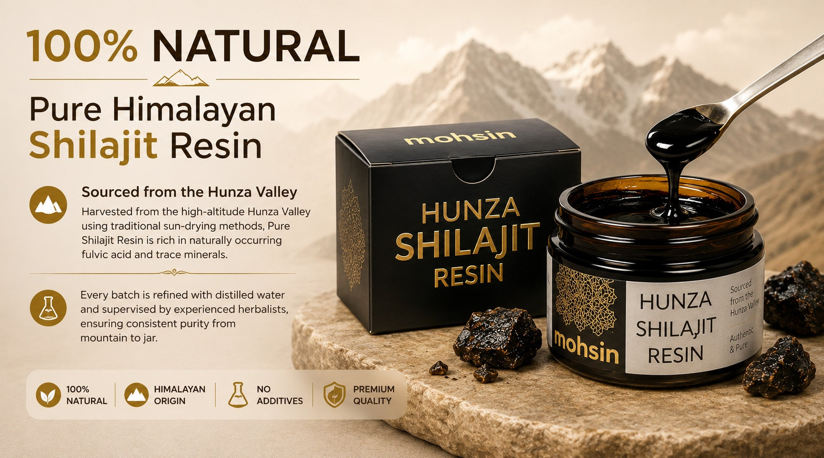 Hunza Shilajit Resin packaging with resin and spoon on a stone surface, mountainous background.