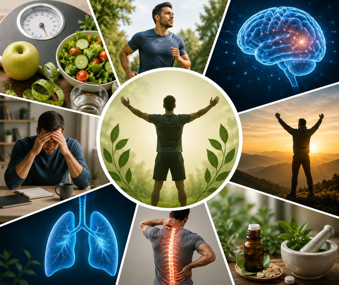 Collage of health and wellness images including a brain, lungs, and lifestyle choices.